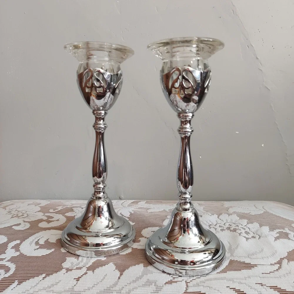 Vintage Silver Metal Glass Votive Candle Holder Set 2 Tall Pedestal 9x3.5 Inch
